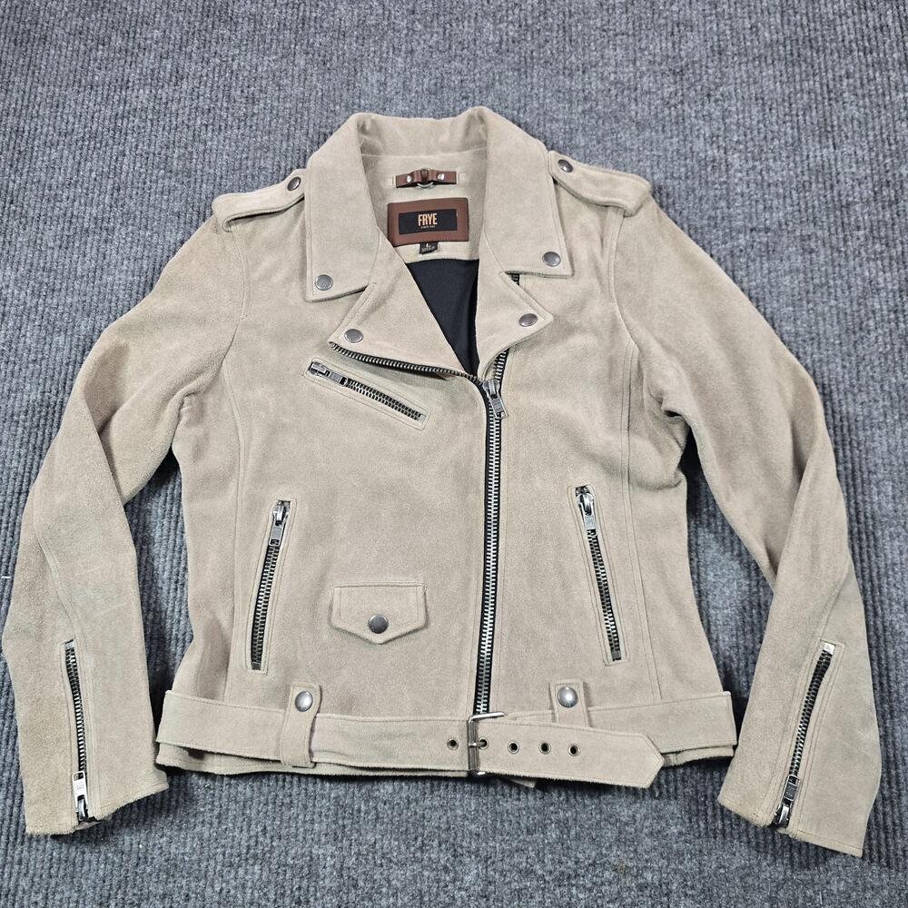 Frye Jacket Womens Large Beige Suede Moto Biker Belted Zip Pockets Lined Short